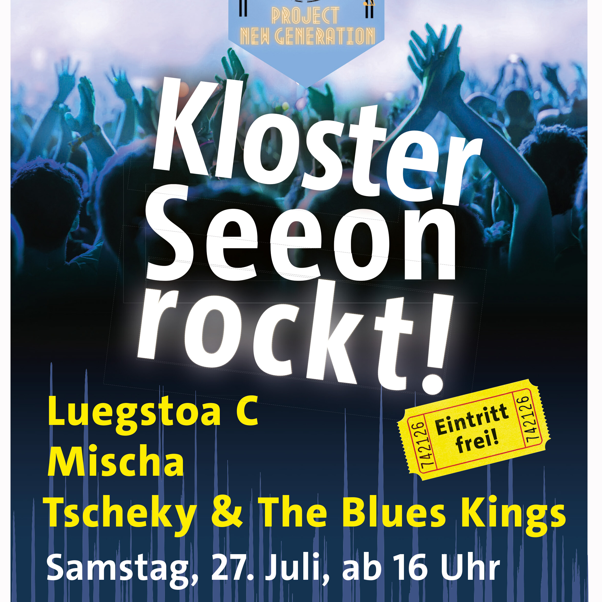Plakat Kloster Seeon rockt 2024 mit jubelnder Menge,  den drei Bandnamen Luegstoa C, Mischa, Tscheky & The Blues Kings