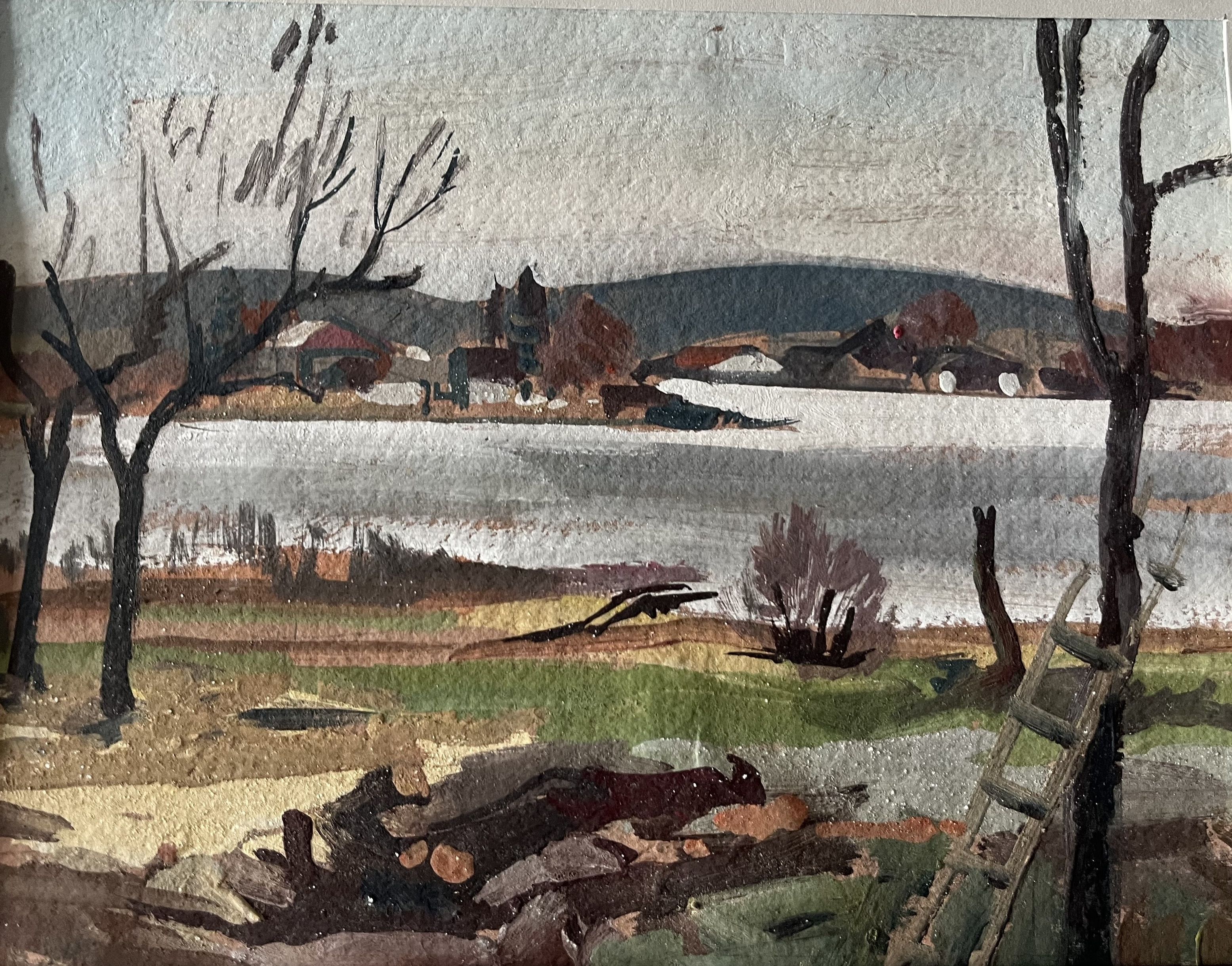 Gemälde von Franz Rudolf Wanka (1908 - 1976) mit Blick auf den Klostersee, davor kahle Bäume und dahinter sind Häuser aus Seeon zu sehen. 